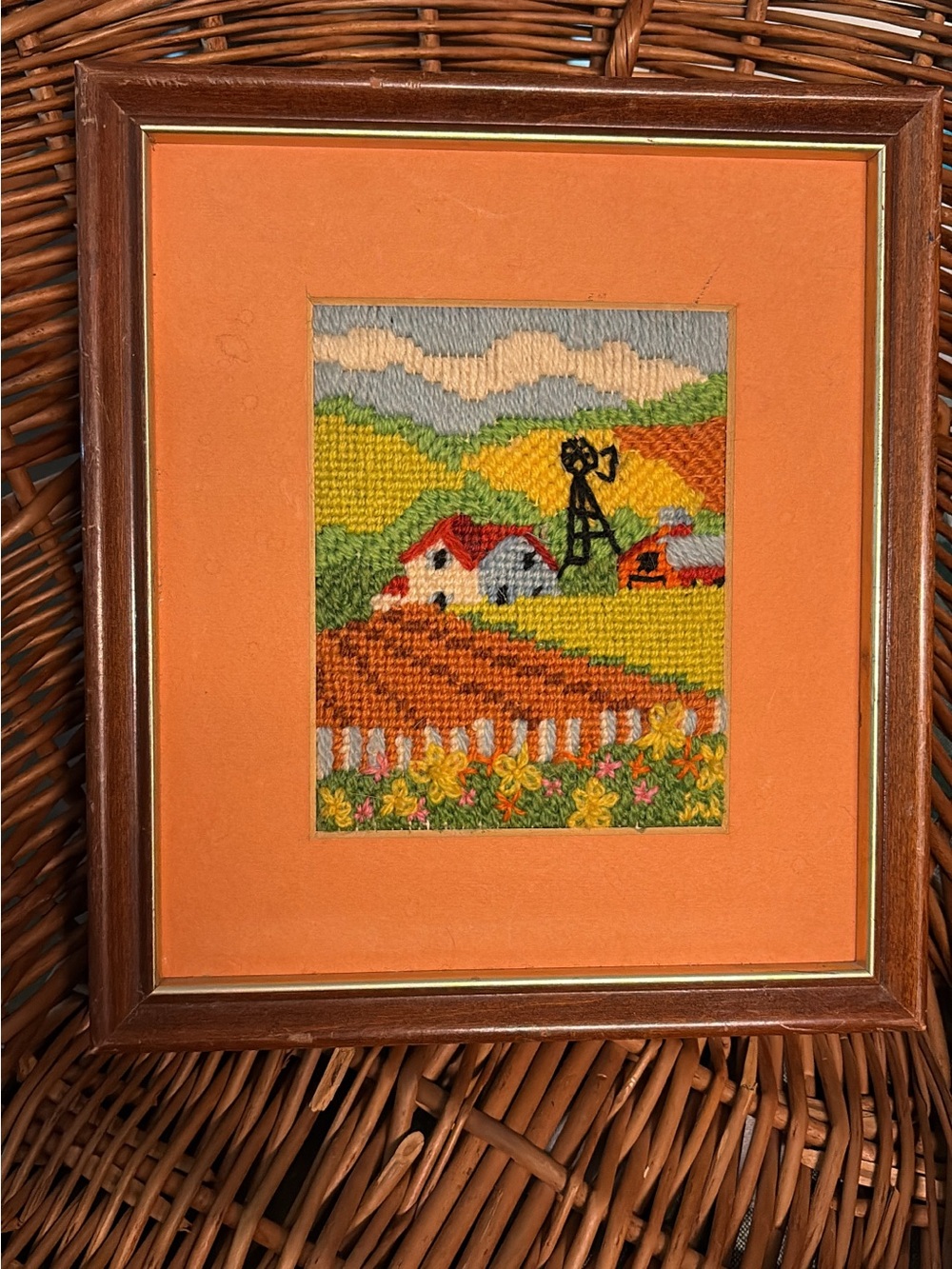 Hand-Embroidered Farm Landscape Wall Art - Orange Mat
